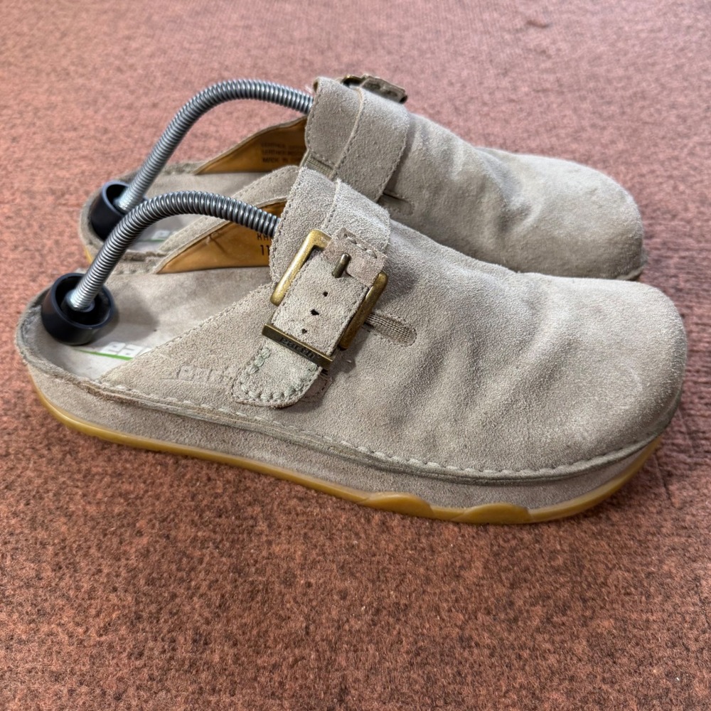 Earth Kalso Plateau Khaki Suede Clogs Mens 11.5 Negative Heel Buckle Mules Shoes